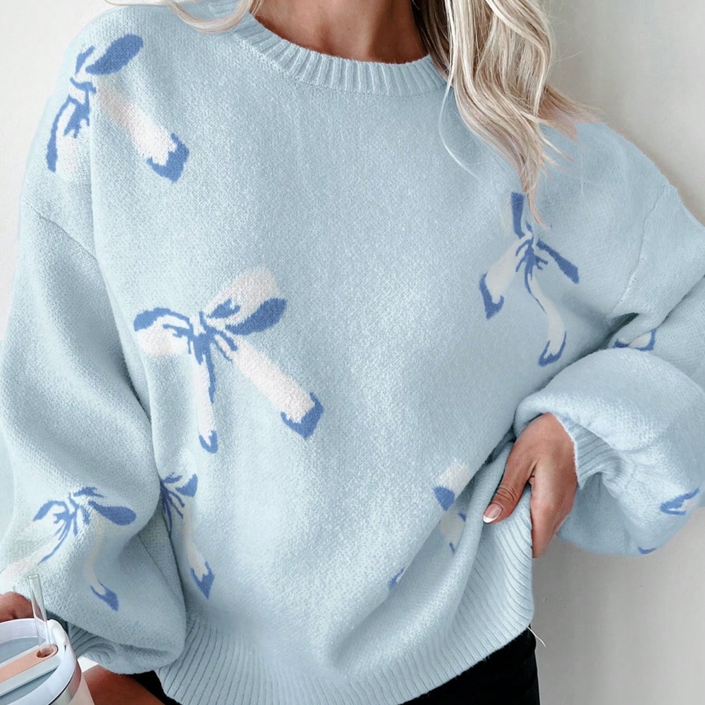 Bowknot Pattern Long Sleeve Knit Sweater - Picture 1 of 8
